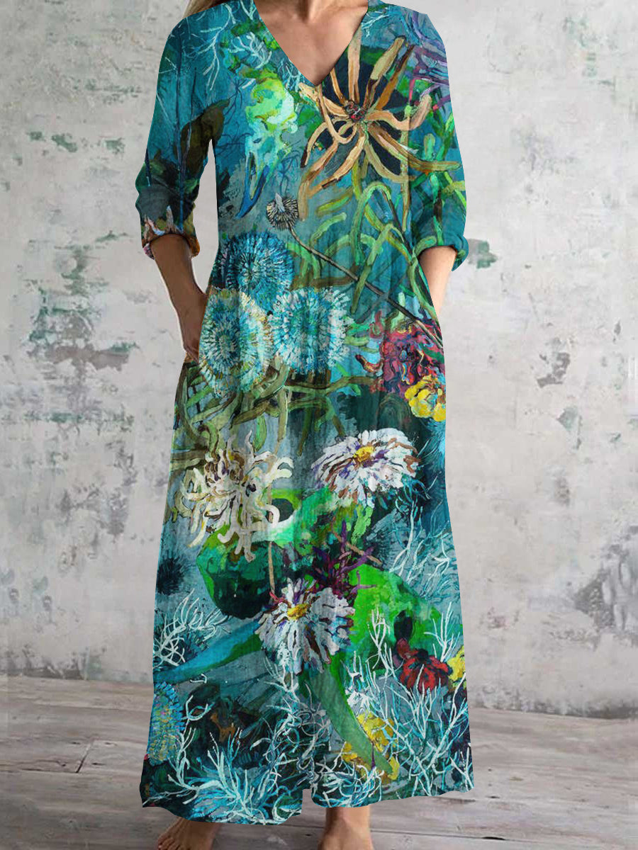 Women's V-Neck Floral Landscape Art Print Cotton And Linen Pocket Dress