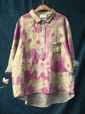 Vintage Funny Cats Art Print Casual Cotton And Linen Shirt