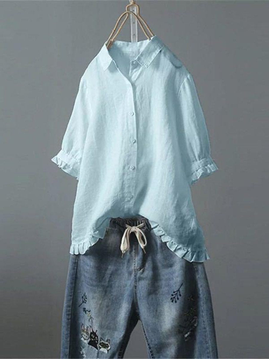 Women's Cotton and Linen Casual Single-Row Button Ruffle Shirt