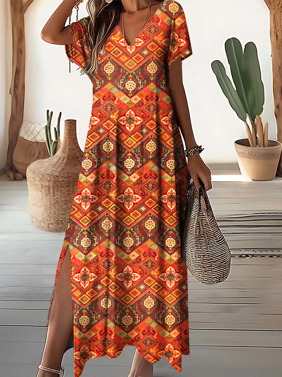 Women's V-Neck Vintage Bohemian Geometric Pattern Dress