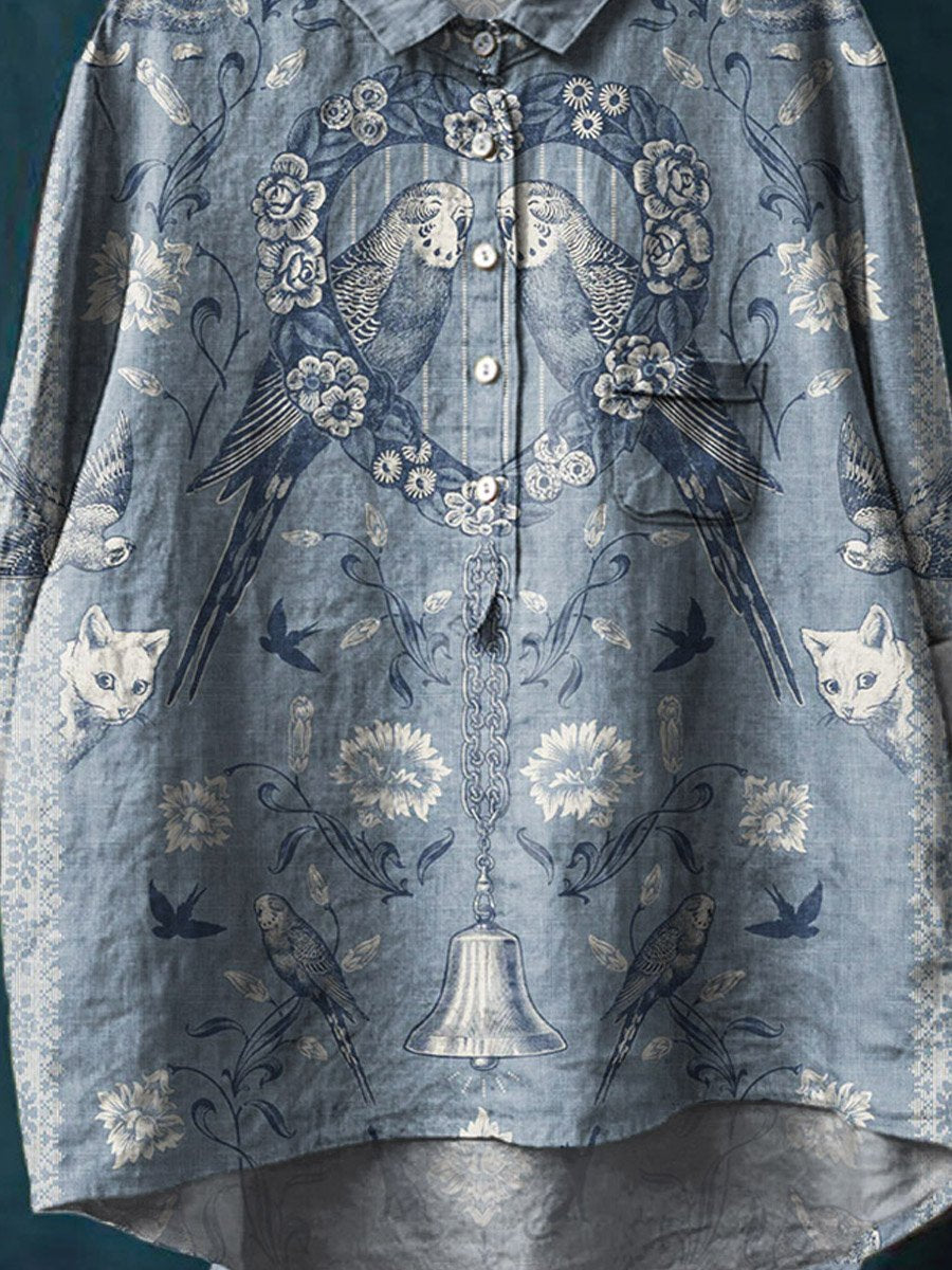 Vintage Ethnic Floral Animals Art Print Casual Cotton And Linen Shirt
