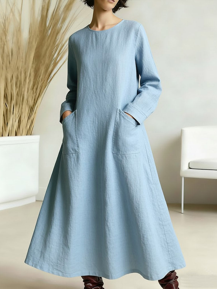 Women's Solid Color Round Neck Long-sleeved Casual Loose A-line Cotton And Linen Dress