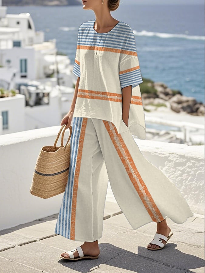 Women'S Loose Slit Contrast Striped Pants Set