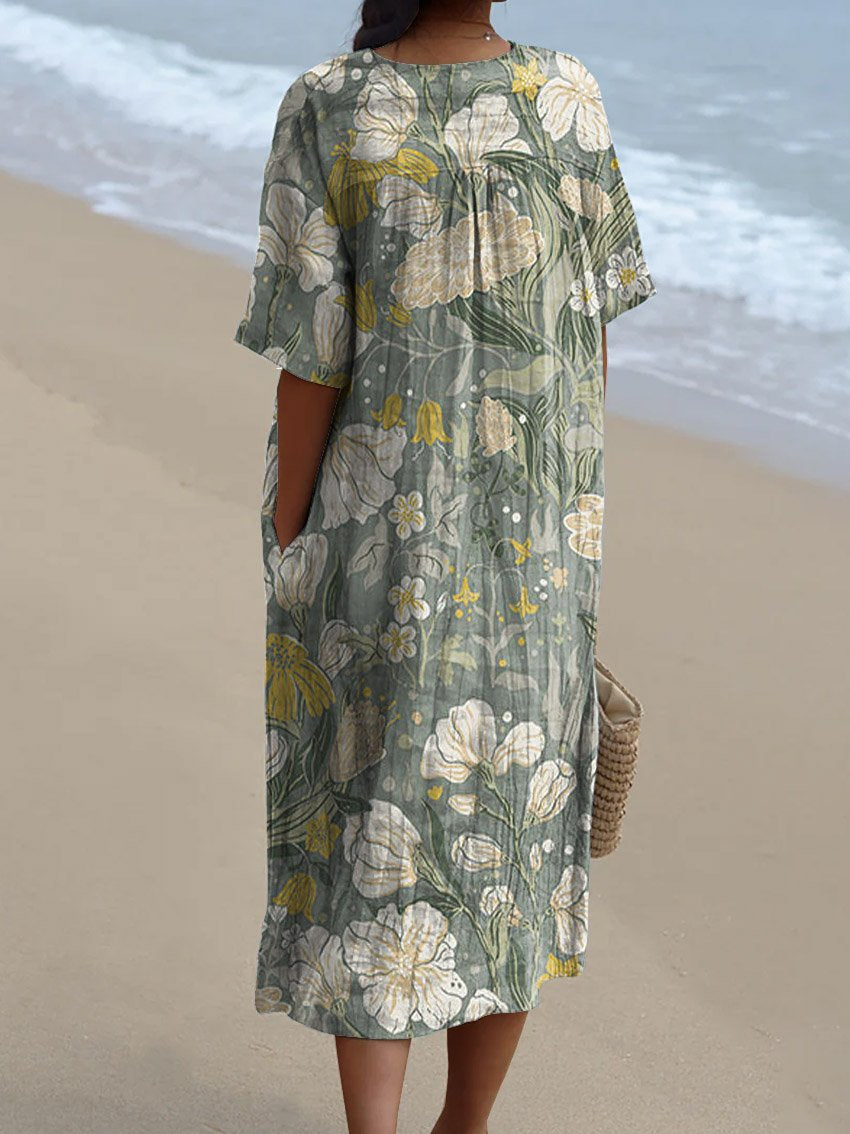 Women's Vintage Lovely Floral Art Print Flowy Dress