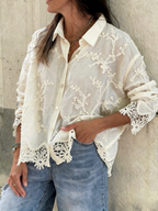 Cotton and linen collared 3D embroidered shirt