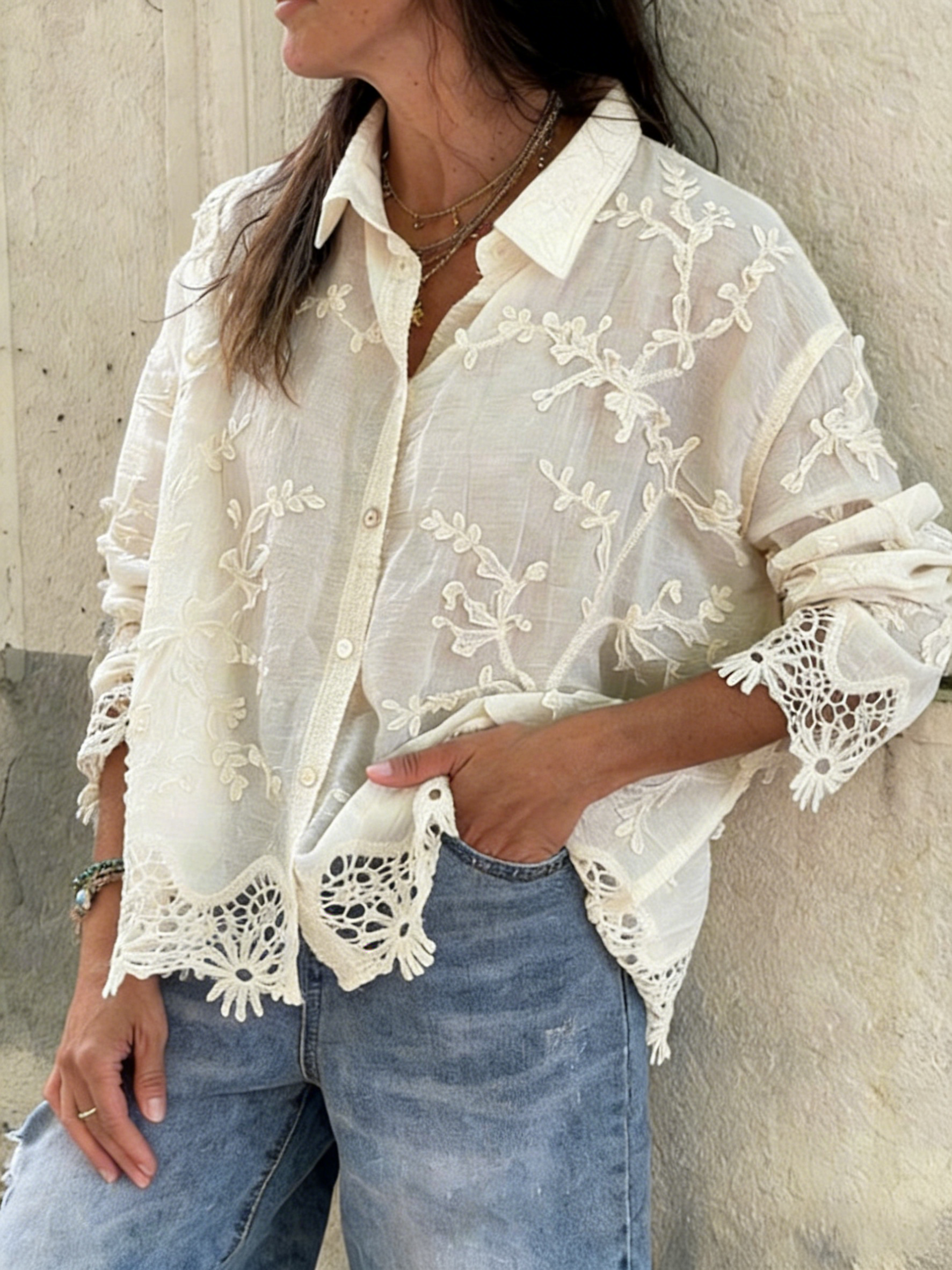 Cotton and linen collared 3D embroidered shirt