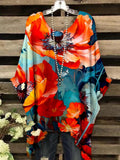 Women's V-Neck Art  Poppy Floral Print Top