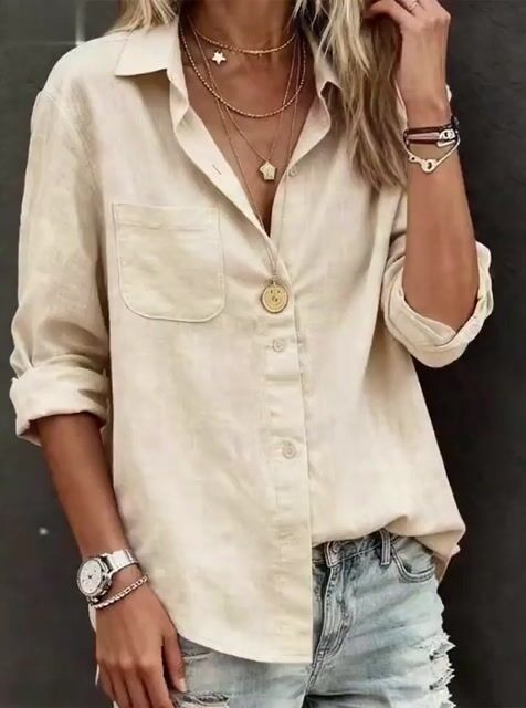 Women'S Casual Loose-Fitting Solid Color Cotton And Linen Shirt