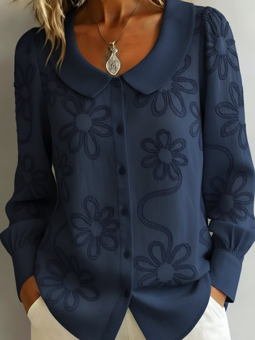 Elegant Peter Pan Collar Embroidered Floral Shirt