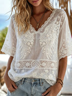 Women's Wings And White Floral Art Casual Cotton Linen V-neck Short Sleeve T-shirt