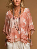 Women's Vintage-print V-neck 3/4-sleeve Casual Loose Chiffon Top