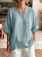Minimalist Boat-neck Cotton-linen Shirt With Batwing Sleeves