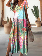 Women's Underwater World Pattern Resort Style V-Neck Dress