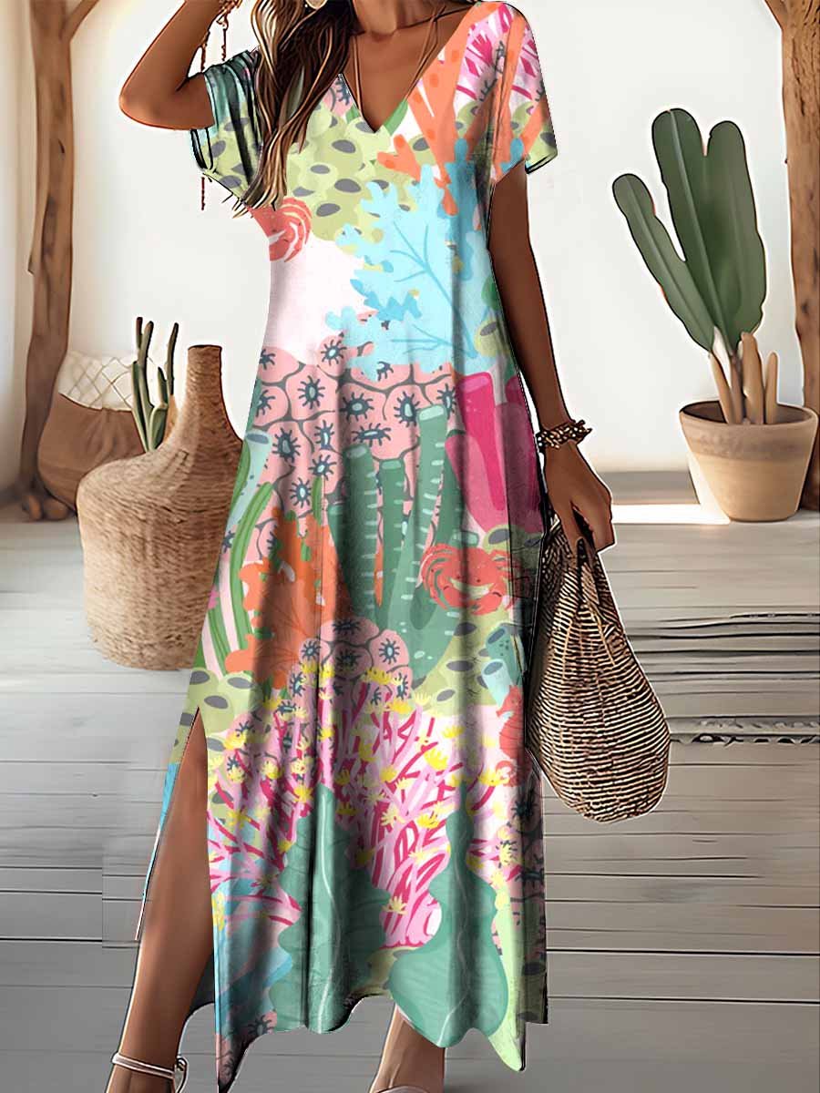 Women's Underwater World Pattern Resort Style V-Neck Dress