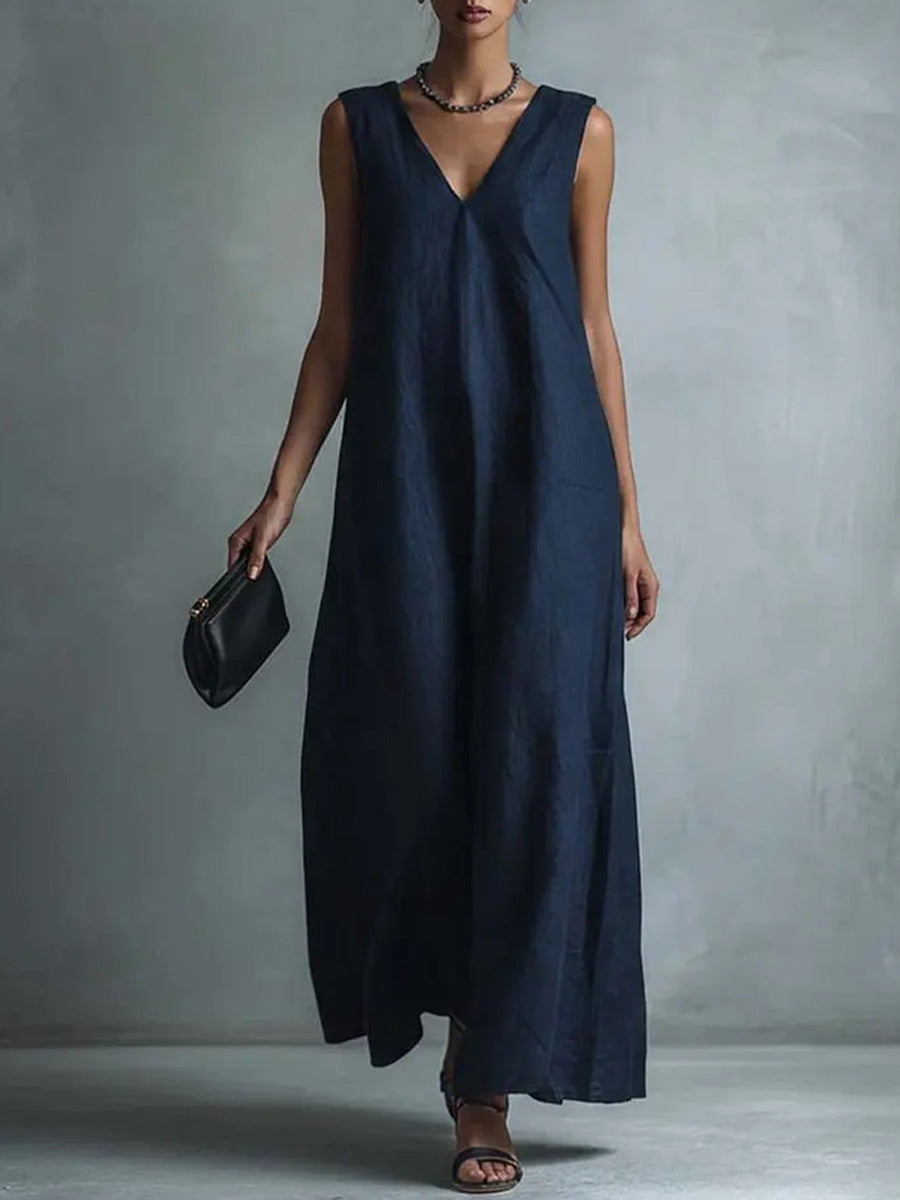 Women's V-neck Sleeveless Cotton-linen Dress