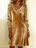 Women's Plain Gold Cowl Neck Comfortable Slit Joint Sexy Midi Dress