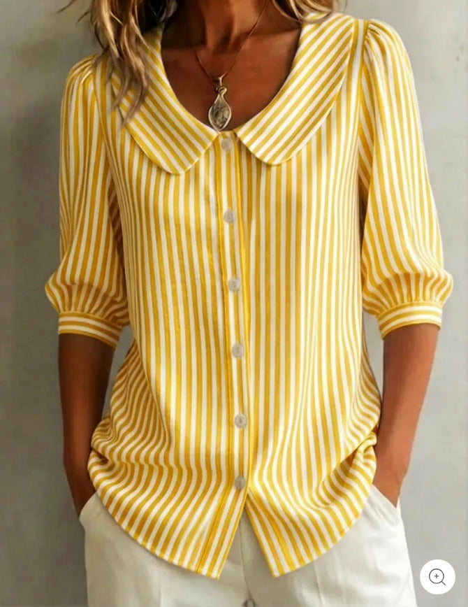 Retro Peter Pan Collar Striped Cotton-linen Shirt