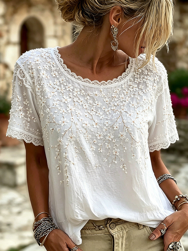 Women's White Cherry Blossom Embroidered Art Comfortable Linen Blend Short Sleeve T-shirt