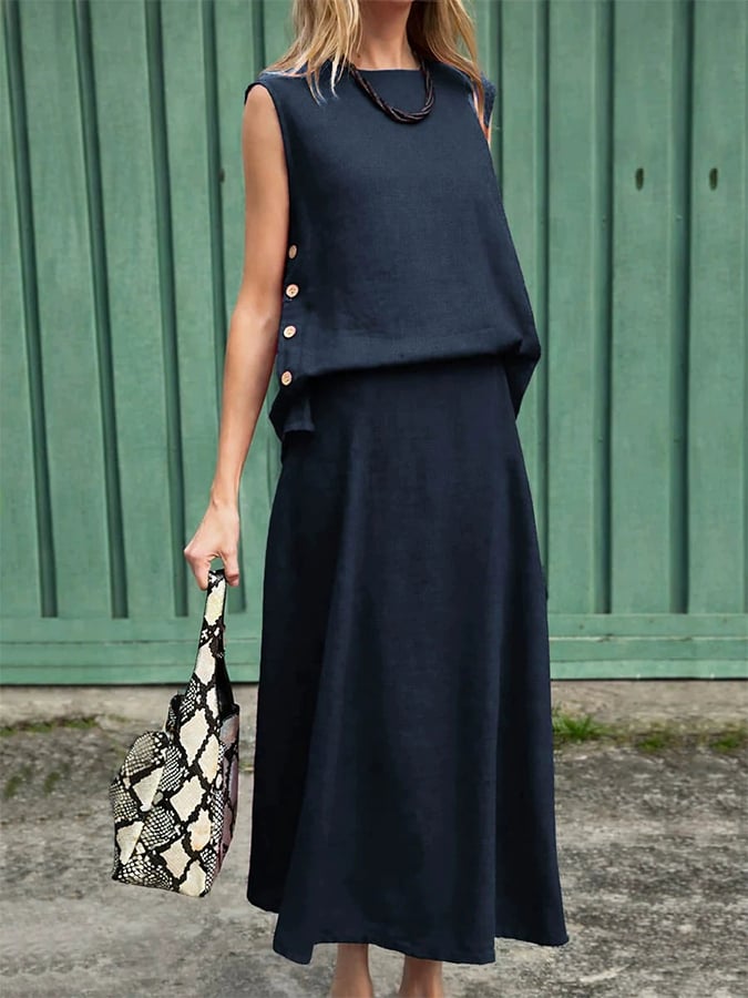Women'S Casual Solid Color Sleeveless Top And Split Skirt Two-Piece Set