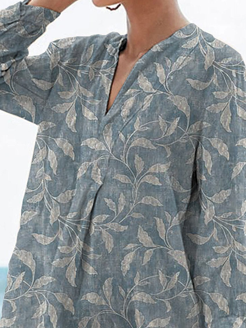 Spring Vines Pattern Printed Women's Casual Linen V-neck Shirt