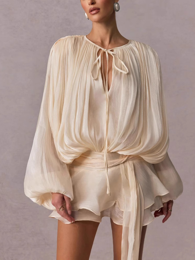 French-style ruffled and gathered short dress with leggings