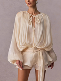 French-style ruffled and gathered short dress with leggings