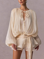 French-style ruffled and gathered short dress with leggings