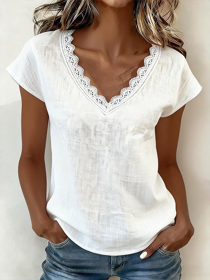 Women's Casual V-neck Lace-trimmed Short-sleeved Top