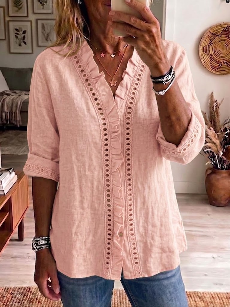 Casual Ruffled Linen And Cotton Shirt