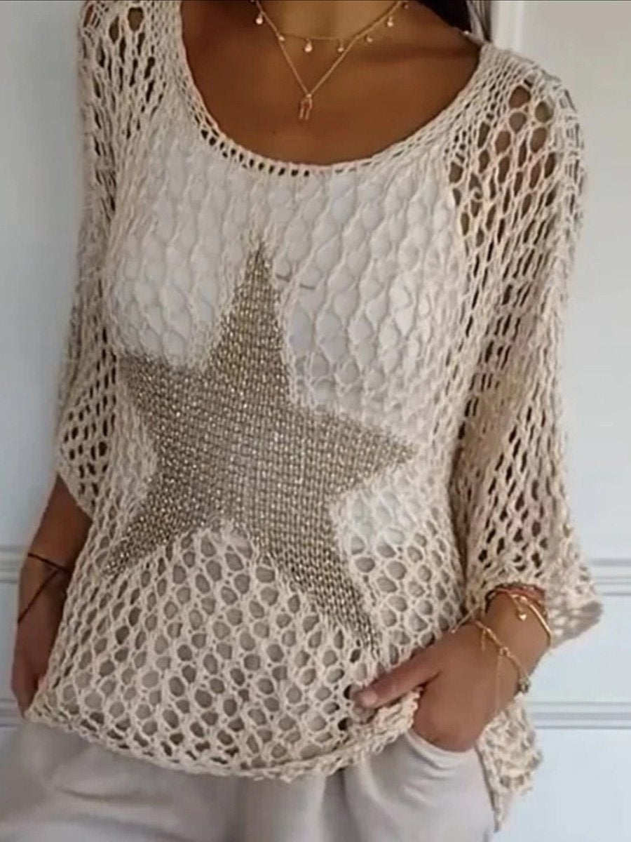 Women's Star Design Round Neck Spring And Summer Knit Sweater
