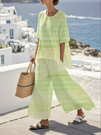 Women's Loose Round Neck Contrast Striped Pants Set