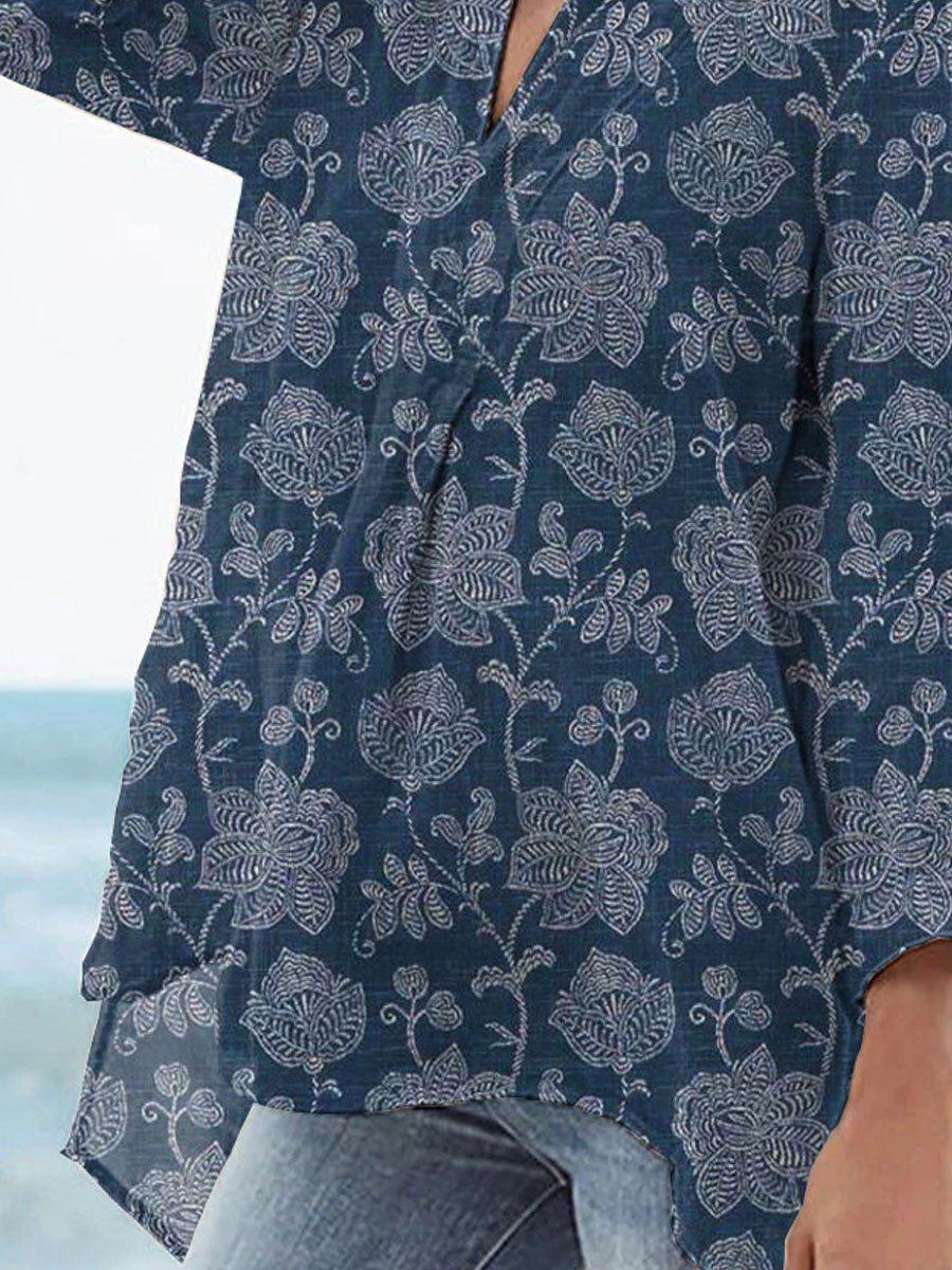Women's Vintage Floral Art Print Casual Linen V-neck Shirt