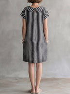 Women's Striped Print Peter Pan Collar Short-sleeve Casual Loose Cotton-linen Dress