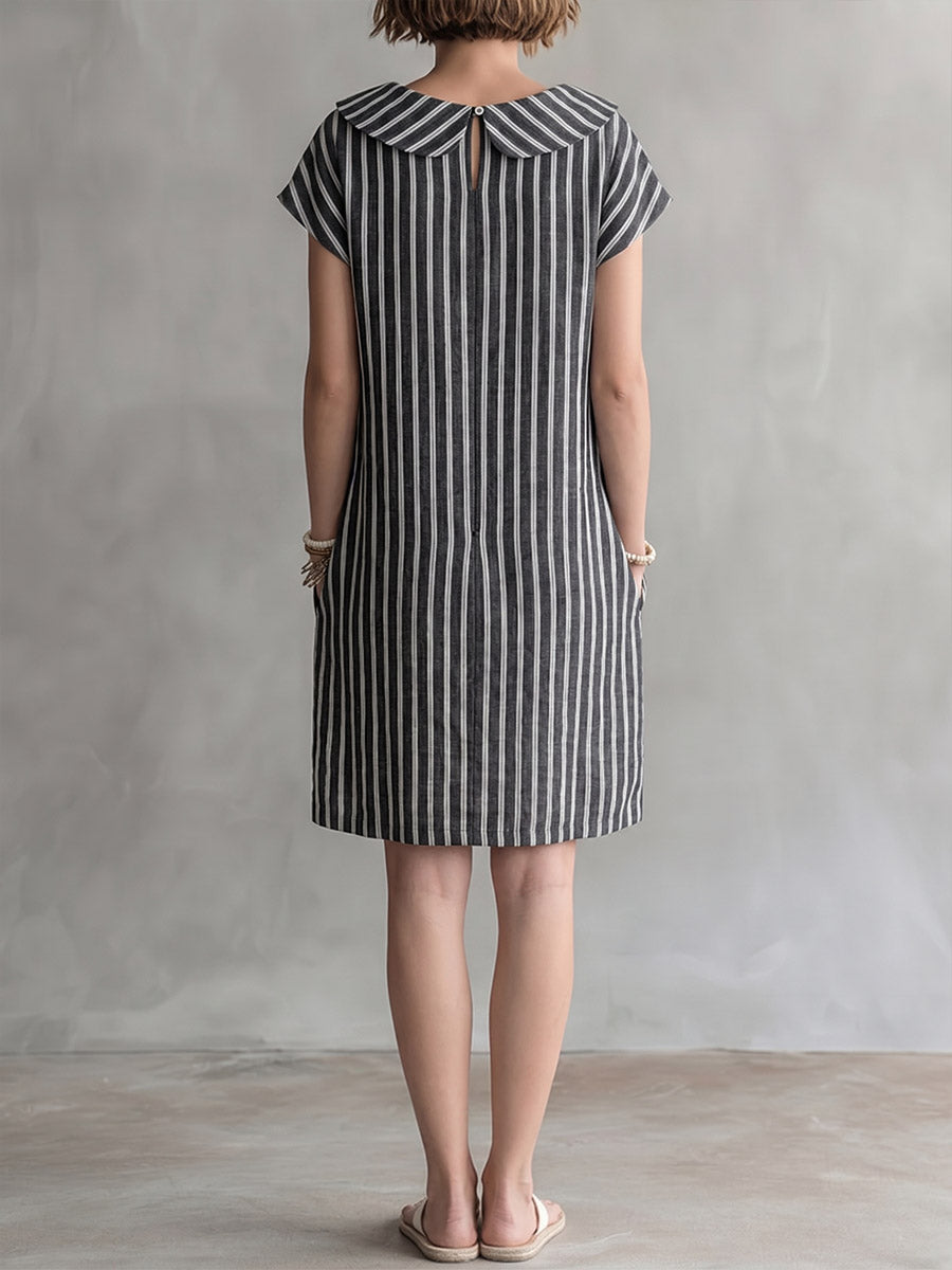 Women's Striped Print Peter Pan Collar Short-sleeve Casual Loose Cotton-linen Dress