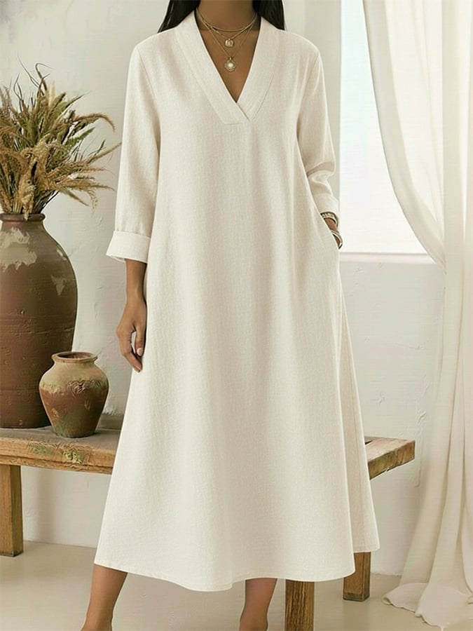 Women'S Casual V-Neck Loose-Fitting Long Cotton And Linen Dress