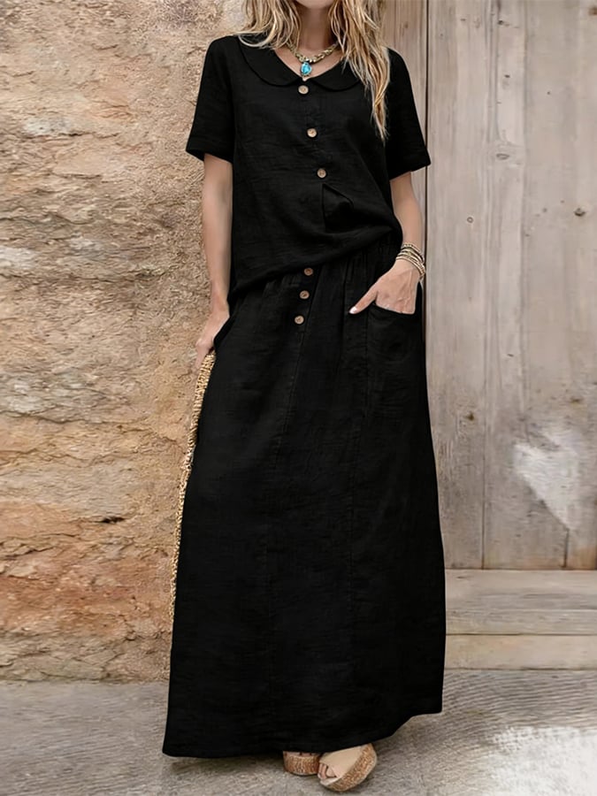 Women'S Casual Solid Color Cotton And Linen Loose Dress Two-Piece Set
