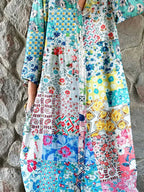 Women's Elegant Floral Print Cotton and Linen Shirt Dress