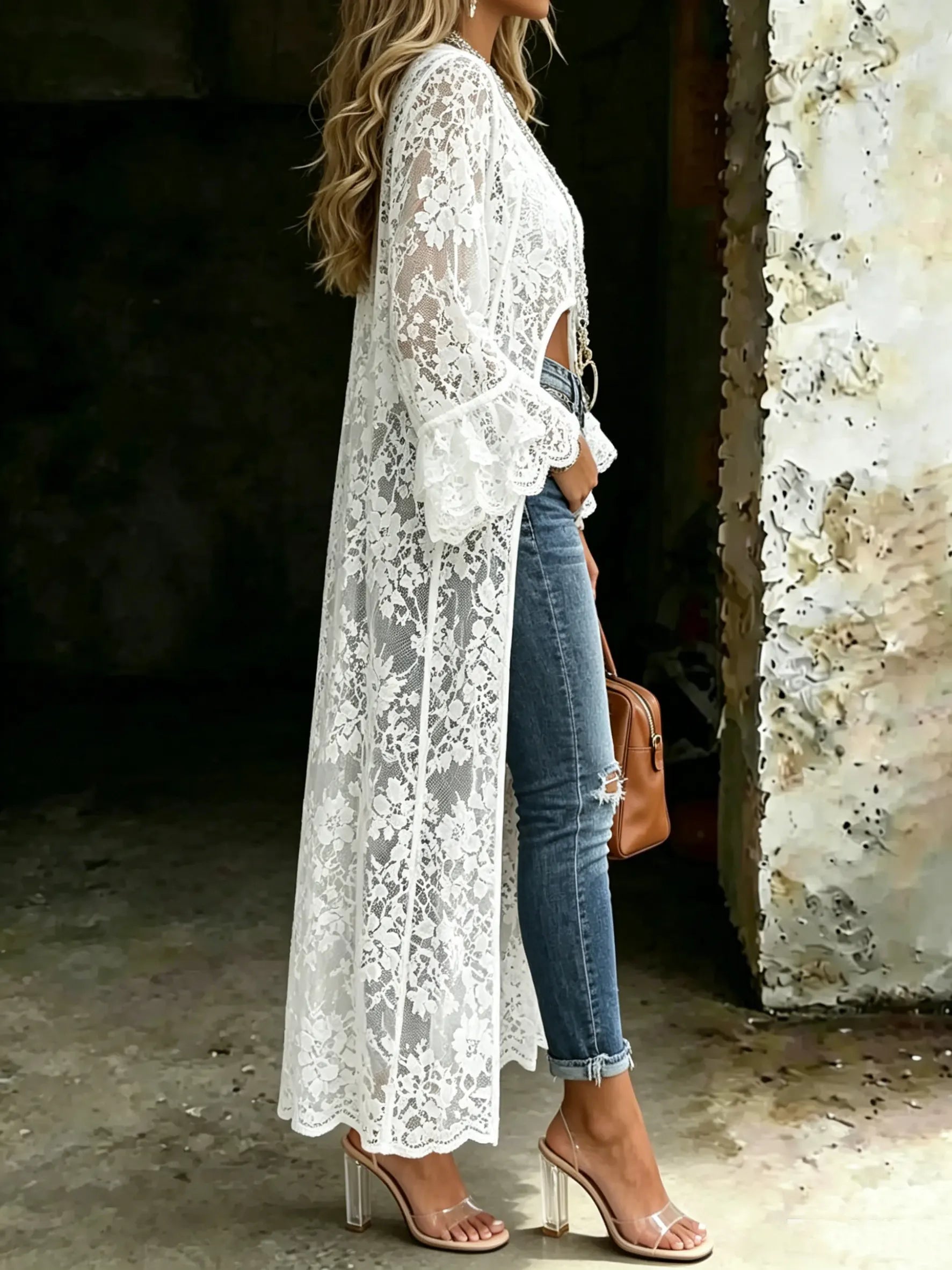 Boho Hollow Out Bell Sleeve Asymmetrical High Low Cover Up Tops