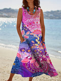 Women's Vintage Bohemian Leaf Pattern Round Neck Dress