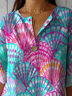 Colorful Sea Shell Pattern Printed Women's Casual Cotton Linen Shirt