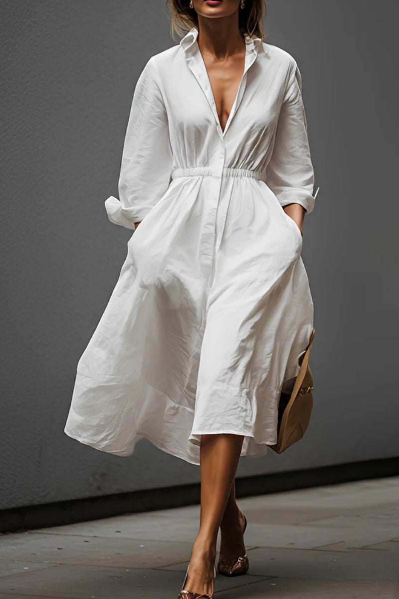 Women's White Linen Dress With Shirt Collar & Elastic Waist, Timeless Effortless-Chic Style Dress