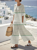 Women's Loose Round Neck Striped Contrast Color Pants Set