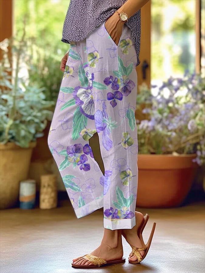 Women's Botanical Floral Design Loose Pocket Patchwork Casual Pants