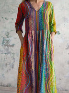 Women's V-neck Colorful Geometric Pattern Cotton Fabric Dress with Pockets