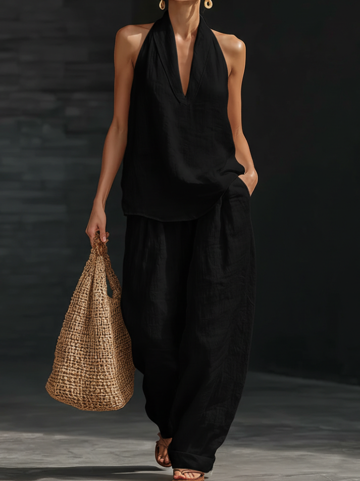White Faux Linen V-neck Sleeveless Top And Wide-leg Pants Set