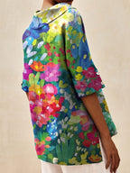 Women's Vintage Lovely Floral Art Print Casual Linen V-neck Shirt
