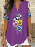 Women's Pansy Print V-Neck Loose Short Sleeve Shirt
