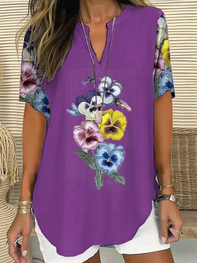 Women's Pansy Print V-Neck Loose Short Sleeve Shirt
