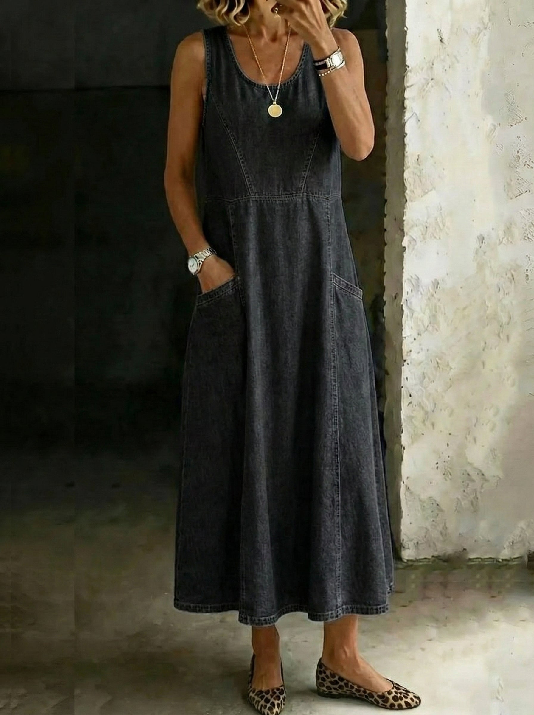 Damen Retro Rundhals Ärmelloses Lässiges Lockeres Jeans-Westenkleid