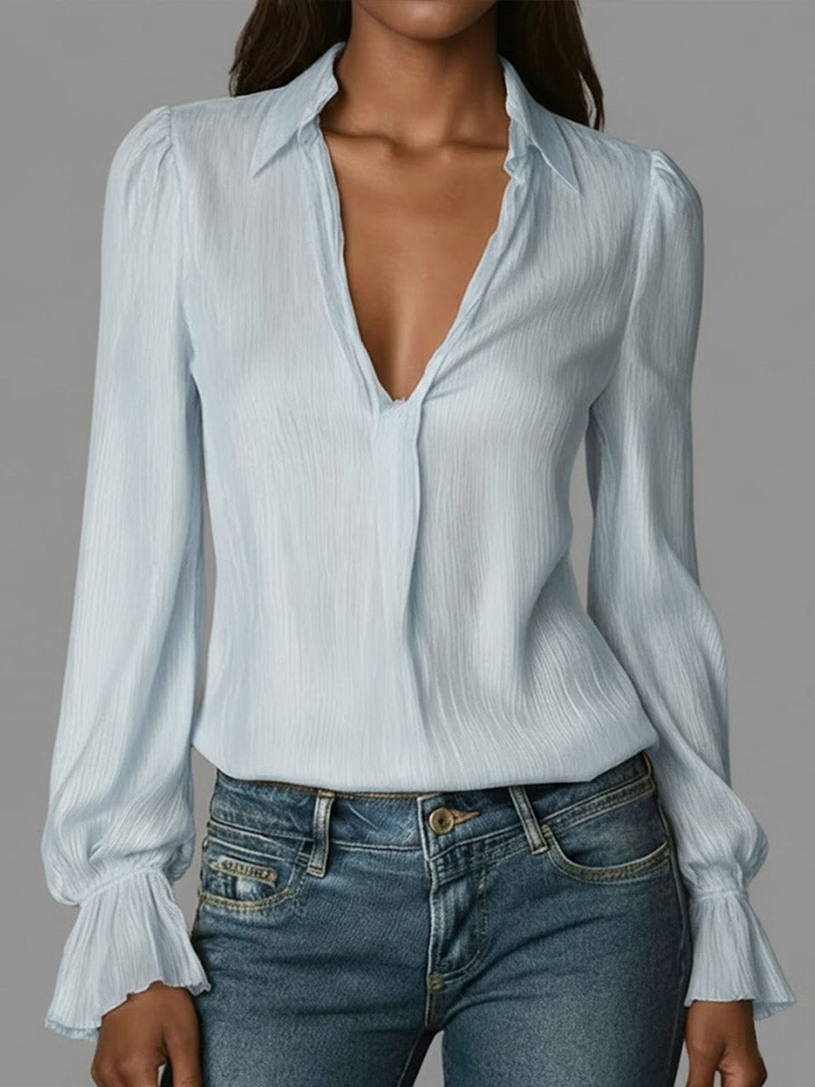Damen Langarmshirt aus Baumwolle mit V-Ausschnitt, einfarbig, leger geschnitten